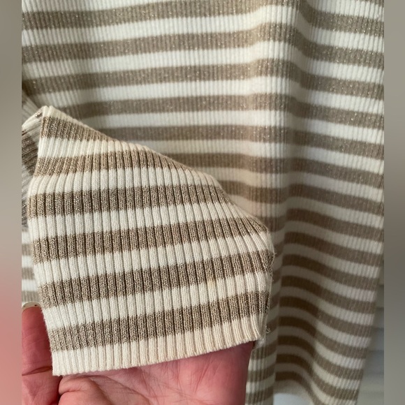 Liz Claiborne Misses L ivory tan stripe gold flecks soft cotton knit sweater top - Picture 4 of 7